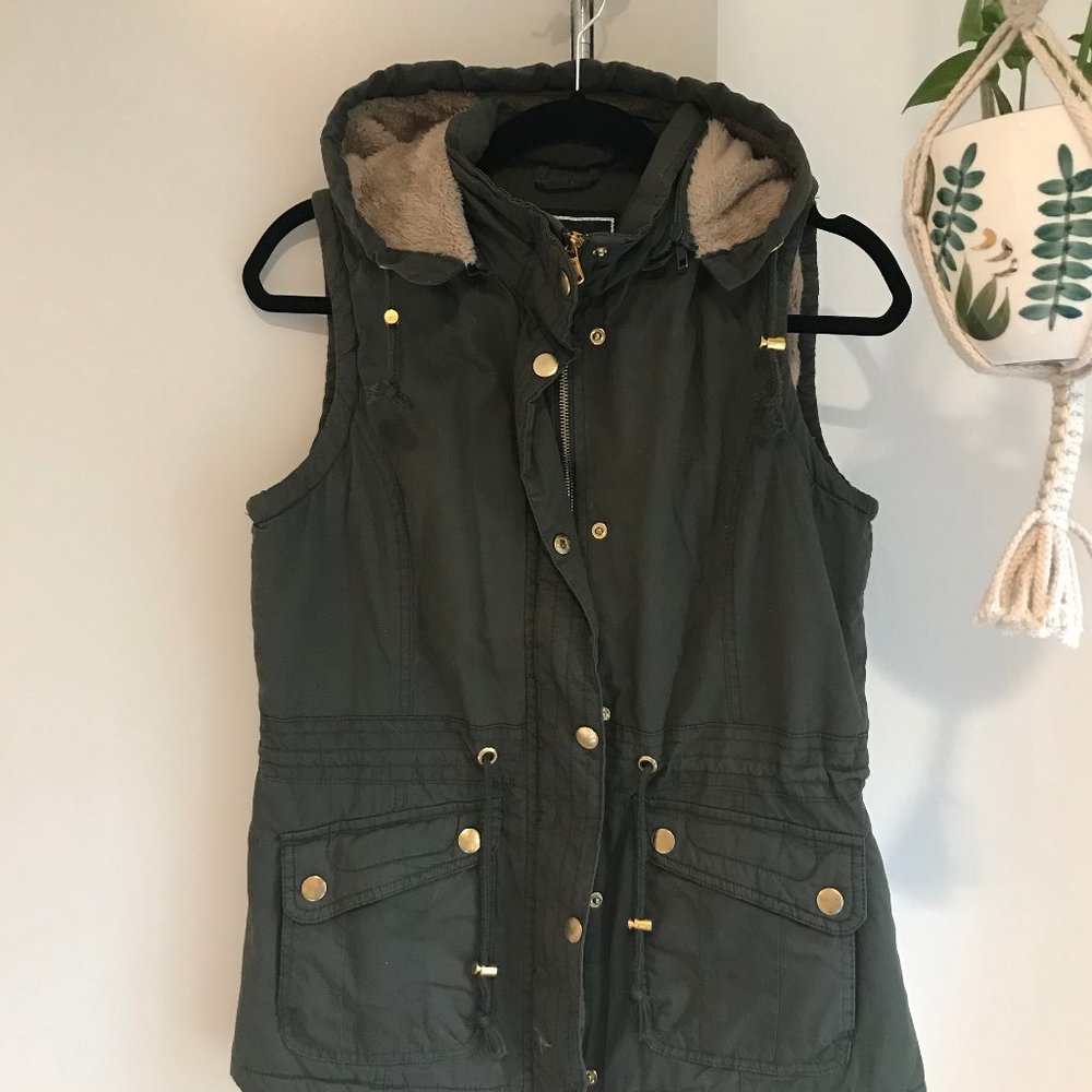 YMI Vegan Fur Lined Hooded Vest with Gold Detail